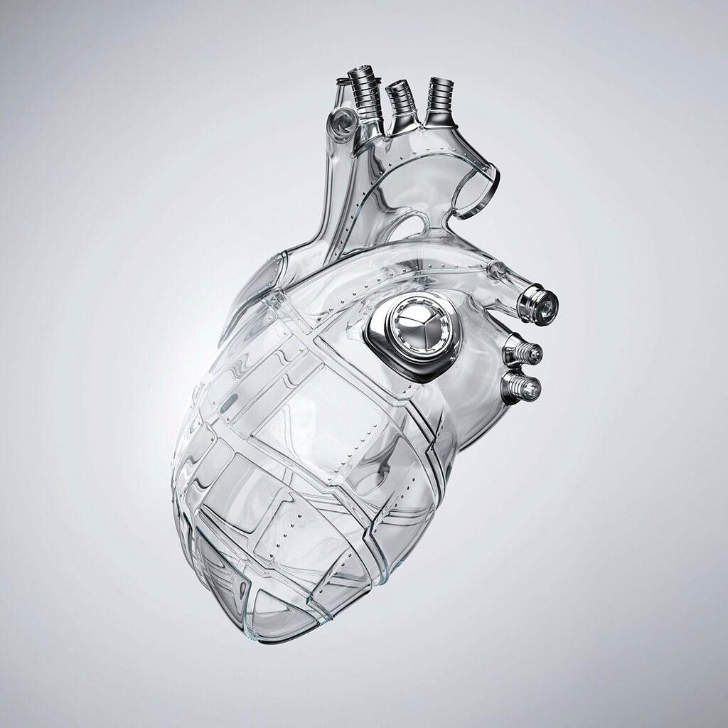 A human heart made out of transparent material. Paritially it has cuts and the blood vessels are made ut of metal.